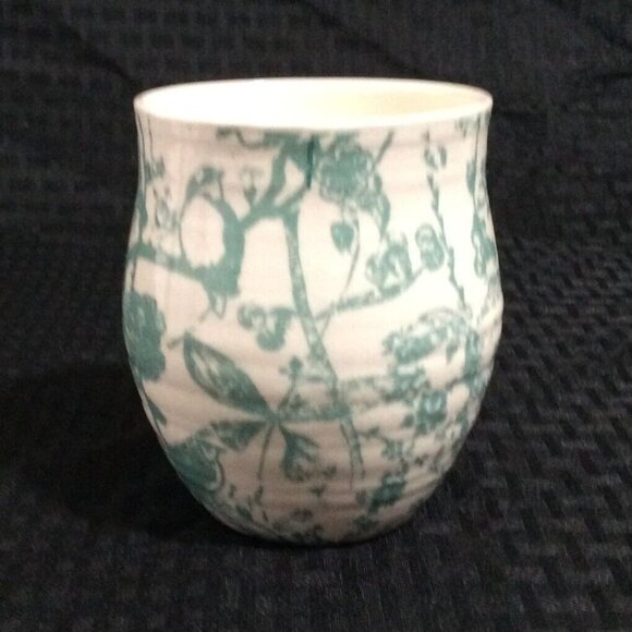 Anthropologie Coffee Mug Monogram Lower Case s Curved Sage Coral Floral Garden - Picture 3 of 6